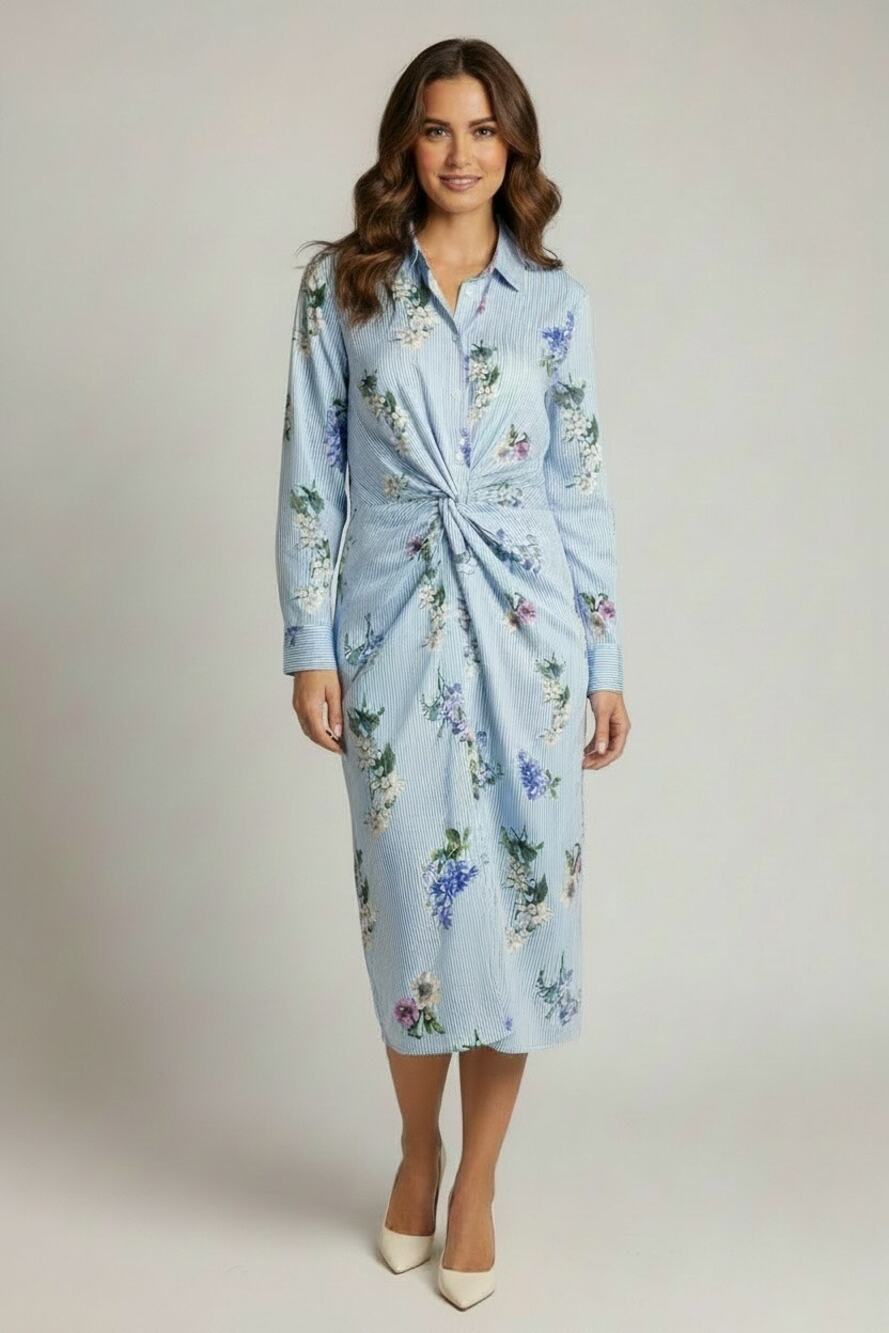 Zara Woman Dress Med Blue White Stripe Floral Tie Waist Shirt Dress 100% Cotton